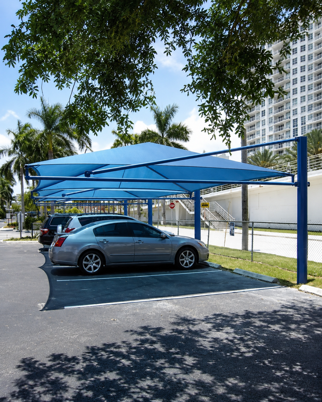 Car parking shade installed in an outdoor compound